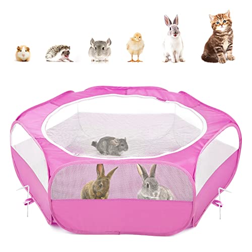 Pawaboo Small Animals Playpen, Waterproof Small Pet Cage Tent with Zippered Cover, Portable Outdoor Yard Fence with 3 Metal Rod for Chick/Kitten/Puppy/Guinea Pig/Rabbits/Hamster, Rose Red - color: Rose Red