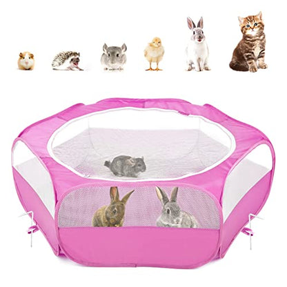 Pawaboo Small Animals Playpen, Waterproof Small Pet Cage Tent with Zippered Cover, Portable Outdoor Yard Fence with 3 Metal Rod for Chick/Kitten/Puppy/Guinea Pig/Rabbits/Hamster, Rose Red - color: Rose Red