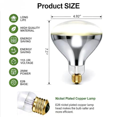 250W R40 Infrared Heat Lamp Bulb, 2-Pack, E26 Base, Clear Brooder Bulb for Bathroom Shower, Pet Reptile Chicken Coop Heating, Sauna & Salon, 110V, 6000 Hours