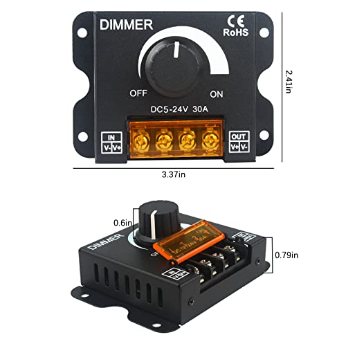 RGBZONE Single Color LED Light Strip Dimmer, DC 5V/12V/24V 30A PWM LED Dimming Controller, Knob Adjust Brightness ON/Off Switch for Single Channel Light Strips - color: Solid Color