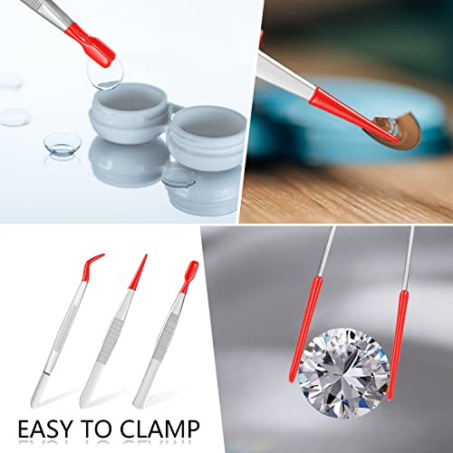 Honoson 3 Pieces Rubber Tipped Tweezers for Crafting Set - PVC Coated Flat, Straight & Bent Tips Stamps, Beads, Jewelry(Red) - color: Red