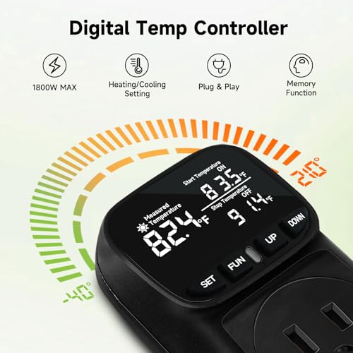 1800W Digital Thermostat for Reptile Tank, -40℉~210℉, Plug in Thermostat for Heater/Greenhouse with 5m/2m Cable, 15A Temperature Controlled Outlet with VA Display, Temp ±0.1°F, Black - style: Plug in-Black