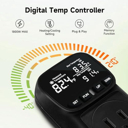 1800W Digital Thermostat for Reptile Tank, -40℉~210℉, Plug in Thermostat for Heater/Greenhouse with 5m/2m Cable, 15A Temperature Controlled Outlet with VA Display, Temp ±0.1°F, Black - style: Plug in-Black