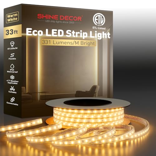 Shine Decor LED Strip Light Easy Connectable, 2800K Warm White Cold Resist Weatherproof Plug-in for Indoor Outdoor, 101 LM/FT Dimmable Bright Eco Rope Lighting 32FT, 120V Whole Set ETL Listed - color: Warm White, size: 32.8 Ft