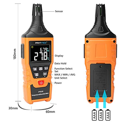 Protmex PT618 Temperature Humidity Meter, Thermometer Hygrometer Monitor with Ambient, Dew Point, Wet Bulb for Indoor/Outdoor MIN, MAX, Data Hold, LCD Backlight - size: PT618