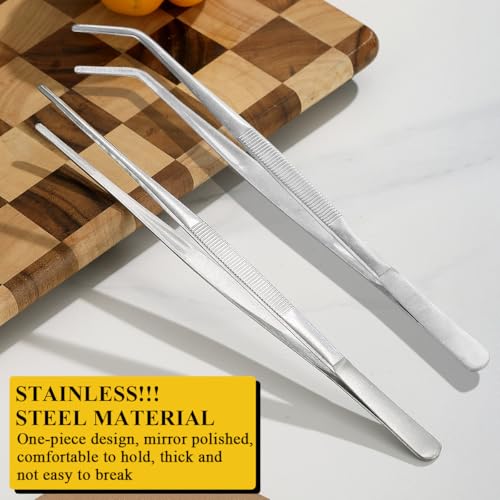 Berglander Kitchen Tweezers Tongs 2pcs, 12" Extra-Long Stainless Steel Metal Heavy Duty Cooking Tweezers for Chef, Serving Food, Grill, Culinary, Pasta, Salad, BBQ