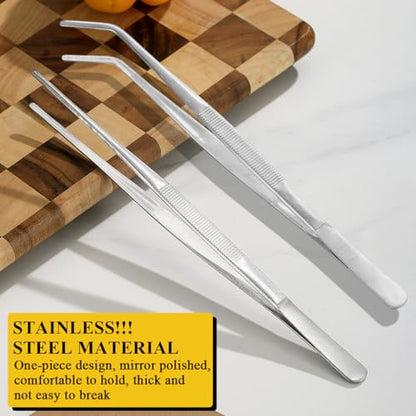 Berglander Kitchen Tweezers Tongs 2pcs, 12" Extra-Long Stainless Steel Metal Heavy Duty Cooking Tweezers for Chef, Serving Food, Grill, Culinary, Pasta, Salad, BBQ