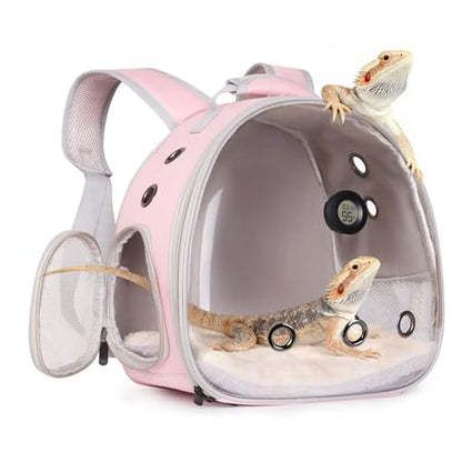 Bearded Dragon Travel Backpack Carrier with Reptile Thermometer and Humidity Gauge Lizard Travel Cage Space Capsule Clear Bubble Window Astronaut Reptile Bag for Ball Python (Pink, Backpack) - color: Pink, size: Backpack