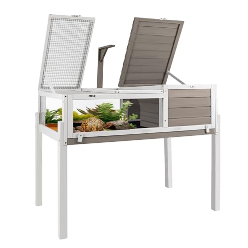 Tortoise Habitat Tank Indoor Outdoor, Wooden Tortoise House with Detachable Legs, 2-Room Reptile Turtle Enclosure Cage for Small Animals, Lamp Holder,Leakproof Tray, Grey - size: 37.0"L x 23.0"W x 32.0"H