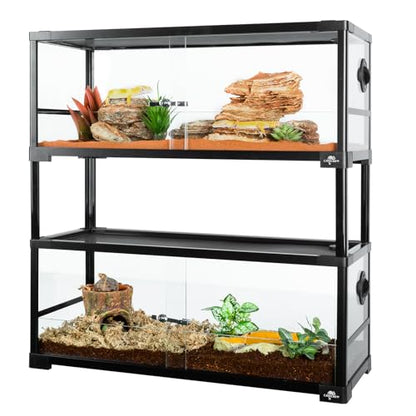 Double Stacked Reptile Tank, 30" x 12" x 32" Tall Reptiles Terrarium, Front Opening, Full Vision, Knock Down, 2 Pack 20 Gallon Glass Cage for Reptile, Bearded Dragon, Lizard, Snake, Gecko - size: 30" x 12" x 32"