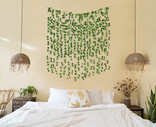 Mkono Hanging Fake Vines for Bedroom Wall Decor Artificial Plant Leaves with Wood Beads Set Indoor Greenery Ivy Garland for Living Room Apartment Christmas Wedding Party Teen Girl Room - size: Medium