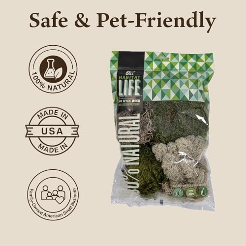 The Habitat Life - Natural Variety Pack - Mix of Reindeer, Mood, Sheet & Spanish Moss - for All Terrariums - Humidity Control - Breathable Bedding - Dye-Free & Safe - Small - 1 Pack - size: Small, style: Variety Pack