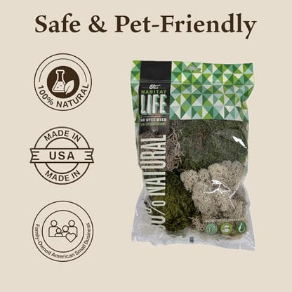 The Habitat Life - Natural Variety Pack - Mix of Reindeer, Mood, Sheet & Spanish Moss - for All Terrariums - Humidity Control - Breathable Bedding - Dye-Free & Safe - Small - 1 Pack - size: Small, style: Variety Pack