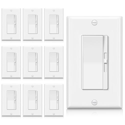 BESTTEN 10 Pack Super Slim Dimmer Light Switch for 300W Dimmable LED/CFL Lights and 600W Incandescent/Halogen, Single Pole/3-Way LED Slide Dimmer, Wall Plate Included, ETL Listed, White
