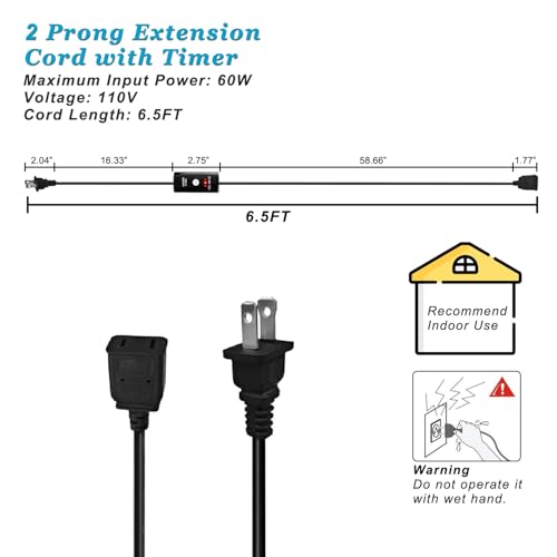 Indoor Extension Cord with Timer 2/4/12Hour Countdown, 60W 6.5 FT 2 Prong Electric Cord, Power Outlet for Aquarium, Grow Light, Hydroponics, Indoor Lighting, Home Appliances
