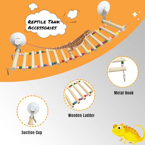 Bearded Dragon Tank Accessories, Wooden Ladder Hammock with Suction Cups for Terrarium, Habitat Climbing Accessories for Bearded Dragon, Gecko, Snake and Other Small Reptile