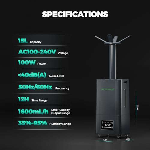 MARS HYDRO Plant Humidifier 15L,with Adjustable Humidity,Timer Function,Ultrasonic Precise and Silent Operation,No-Leak Seal for Grow Tent,Indoor Planting,Greenhouse,Bedroom - size: 15L