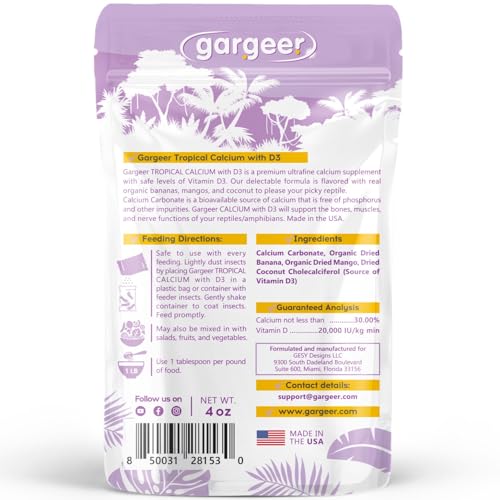 Gargeer 4oz Gecko Calcium with Vitamin D3, Phosphorus-Free, Ultrafine Powder. Ready to Use Supplement for Geckos and Fruit-Eating Reptiles. Pure Dust with Real Organic Fruits. Made in the USA