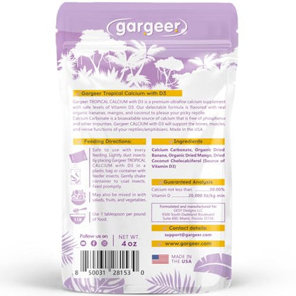 Gargeer 4oz Gecko Calcium with Vitamin D3, Phosphorus-Free, Ultrafine Powder. Ready to Use Supplement for Geckos and Fruit-Eating Reptiles. Pure Dust with Real Organic Fruits. Made in the USA
