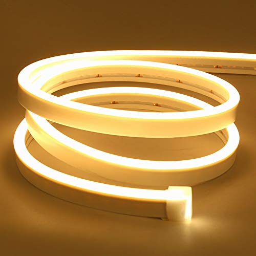 Lamomo LED Neon Rope Lights, 16.4ft/5m Warm White Light Strip 0.39in/Cut, 12V Flexible Waterproof Silicone Neon Sign for Kitchen Bedroom Indoor Outdoor Decoration（Power Adapter not Included） - color: Warm White, size: 16.4 Ft