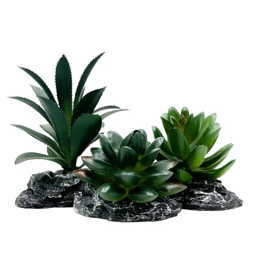 Reptile Artificial Plants Succulent Terrarium Decor Desert Rainforest Plant Lizard Beard Chameleon Gecko Snake Amphibious Sea Turtle Tank Accessory (Dark-Green-3pcs-Se) - color: Dark-green-3pcs-se
