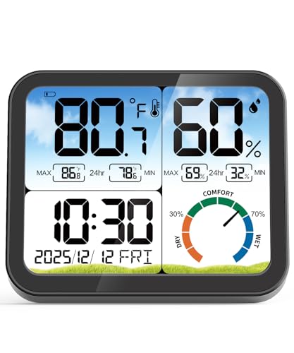 VOCOO Digital Indoor Room Thermometer - 5.8'' Extra Large Display Temperature Humidity Sensor with Accurate Temp Humidity Gauge Monitor, Calibration, Max & Min Records, Comfort, Backlit, Date & Clock - color: Black