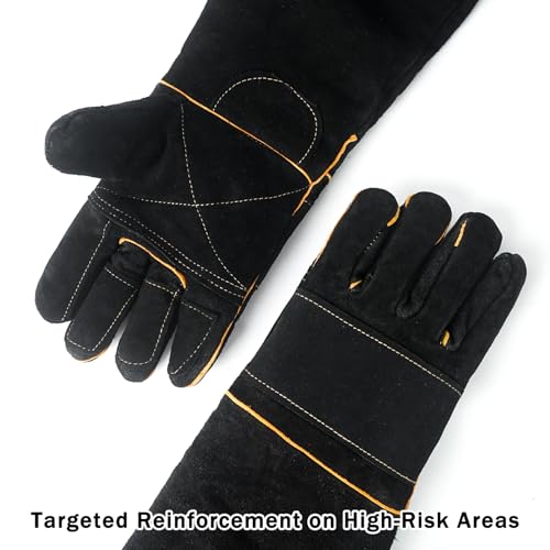 Luwint Bite Resistant Gloves, 23.5’’L Double Leather Animal Handling Gauntlets with Reinforced Fingers, for Dog Training Snake Hunting Falconry Reptile Vet, Black