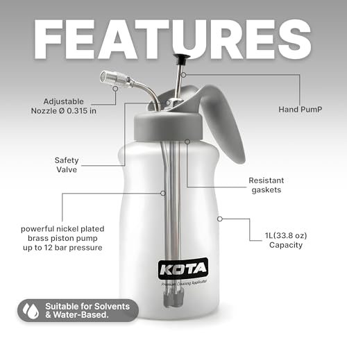 KOTA 1 L Adjustable Hand Pump Pressure Sprayer, Heavy-Duty Multipurpose Bottle for Automotive Solvents, Surface Prep & Car Detailing, Chemical-Resistant PE Construction (Cleaning Applicator) 75880 - style: Cleaning Applicator