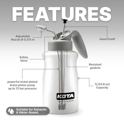 KOTA 1 L Adjustable Hand Pump Pressure Sprayer, Heavy-Duty Multipurpose Bottle for Automotive Solvents, Surface Prep & Car Detailing, Chemical-Resistant PE Construction (Cleaning Applicator) 75880 - style: Cleaning Applicator