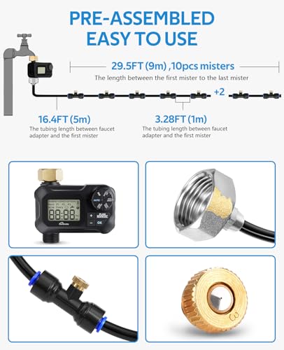 homenote Automatic Misting Cooling System with Timer, 46FT Misting Line, 10 Brass Nozzles, and 3/4" Brass Adapter for Patio Cooling and Garden Watering - size: 46FT / 14M