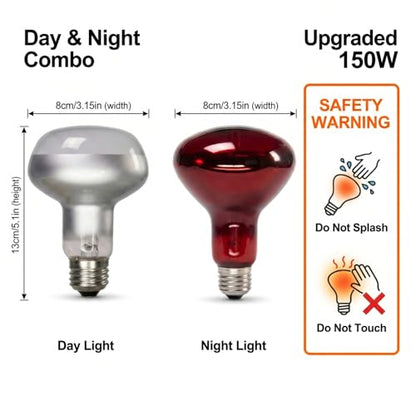 150W Reptile Heat Lamp, 2 Pack Day & Night Basking Lamp Combo, UVA Daylight Heat Bulb & Infrared Red Night Heating Light, Terrarium Heat Lamps for Reptiles, Bearded Dragon, Lizard, Chicken