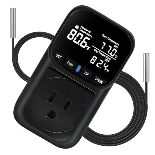1800W Digital Thermostat for Reptile Tank, -40℉~210℉, Plug in Thermostat for Heater/Greenhouse with 5m/2m Cable, 15A Temperature Controlled Outlet with VA Display, Temp ±0.1°F, Black - style: Plug in-Black