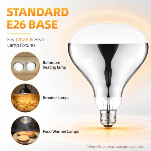 250W Clear Heat Lamp Bulbs, 8000 Hours Rated, R40 Bathroom Shower Incandescent Light Bulb, Infrared Heating for Chickens, Reptiles, Pets, Food, E26 Base, 1 Pack - color: White, size: 1 Pack