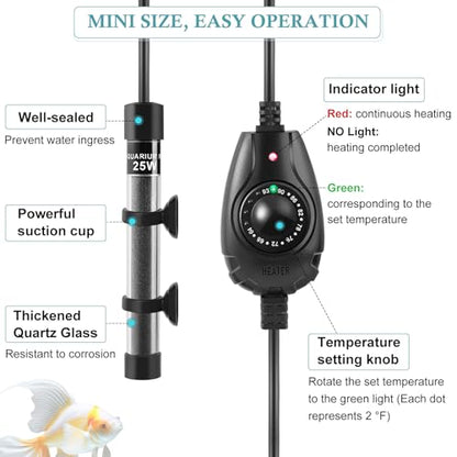HITOP 25W Super Mini Aquarium Heater: Adjustable Heater for Small Fish Tank 2-6Gallons, with External Controller, Betta Heater for Fish Bowls (25W) - style: 25W(2-6Gal)