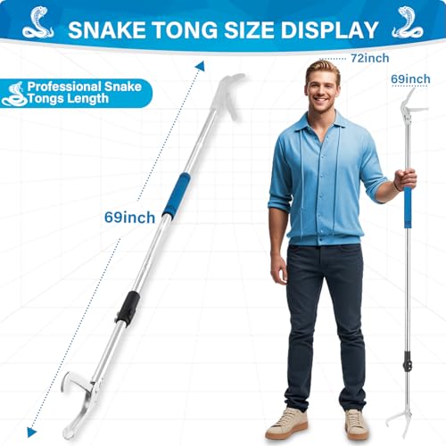 Snake Grabber Tool, 69" Snake Tongs Grabber for Rattlesnake Heavy Duty Professional Folding Snake Feeding Tongs Wide Jaw Snake Handling Tool Long Hndle Stainless Steel Tube Sponge Handle - color: BLUE