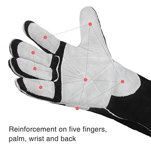 YESWELDER 16 Inches,932℉,Leather Forge MIG Welding Gloves, with Kevlar Stitching Heat/Fire Resistant, Palm Reinforcements, Black-Gray - size: Small, style: Reinforced Palms and Fingers Black White