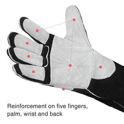 YESWELDER 16 Inches,932℉,Leather Forge MIG Welding Gloves, with Kevlar Stitching Heat/Fire Resistant, Palm Reinforcements, Black-Gray - size: Small, style: Reinforced Palms and Fingers Black White