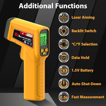 FKM Infrared Thermometer Gun Non-Contact Laser Temperature Gun,-58°F~986°F,AdjustableEmissivity,Digital IR Thermometer Gun for Cooking,Griddle,Pizza Oven,BBQ,HVAC,Automotive,Industrial,Not for Human - color: Yellow