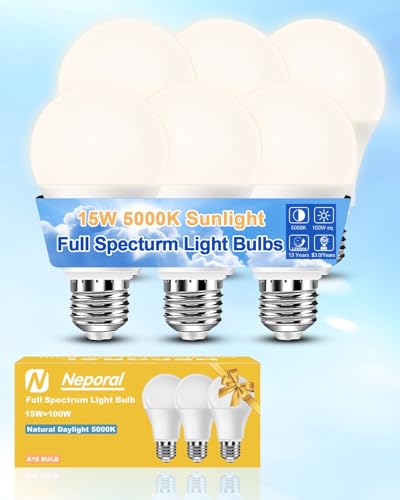 Neporal 15W Full Spectrum Light Bulb, 5000K UV-Free Daylight Sunlight Light Bulbs, 100W Equivalent LED CRI 90, Flicker-Free, 30,000 Hrs Lifespan, E26/E27 Natural Light Bulb for Home & Office - 6PK - color: Natural Daylight, size: 6 Count (Pack of 1)