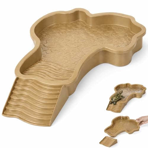 Large Turtle Water Bowl, Reptile Bathing Pool Tortoise Water Dish Bearded | Dragon Water Fountain Non-Slip Reptile Food Dish for Tortoise Gecko Lizard Snake Terrarium Habitat (Brown)