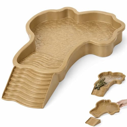 Large Turtle Water Bowl, Reptile Bathing Pool Tortoise Water Dish Bearded | Dragon Water Fountain Non-Slip Reptile Food Dish for Tortoise Gecko Lizard Snake Terrarium Habitat (Brown)