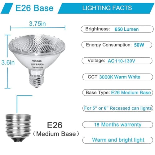 Vinaco PAR30 Halogen Bulb 50W 120V E26 Base, 6 Pack PAR30 Short Neck Halogen Long Lifespan，50W PAR 30 Dimmable 3000k Warm White，High Out PAR 30 Flood Light Instead for Flood Light Bulb Outdoor.… - style: 50 W - 6 Pack