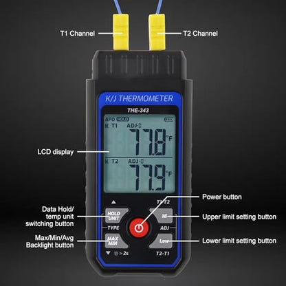 Thermocouple Thermometer HVAC Temperature Meter, Digital Temperature Thermometer with 2 Temperature Clamp & 2 Wired Thermocouple Probes, Dual Channel with Alarm & ADJ Compensation (-328~2500℉ Range)