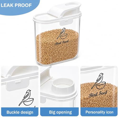 Bird Seed Storage Container, Airtight 2L/4.5Lbs Bird Food Container with Scale & Pour Spout, Portable Bird Food Holder to Keep Food Fresh|BPA-Free-White - color: White