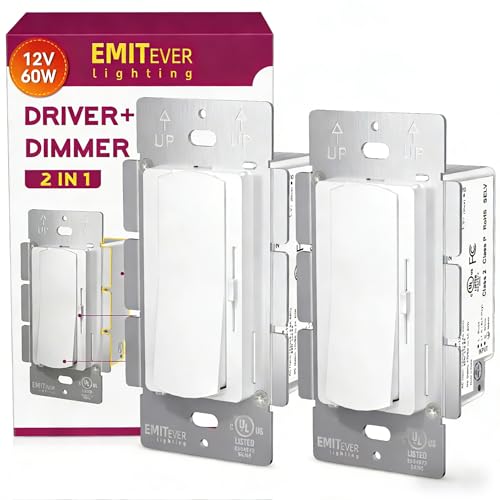Dimmer Light Switch & 12V 60W Dimmable LED Driver 2 in 1, 2PK Single-Pole or 3-Way Slide Dimmer Switches for Led Strip Lights,120VAC to 12VDC Power Supply for Low Voltage Project, UL Listed - style: 2PK-Dimmer Switch-12V 60W LED Driver