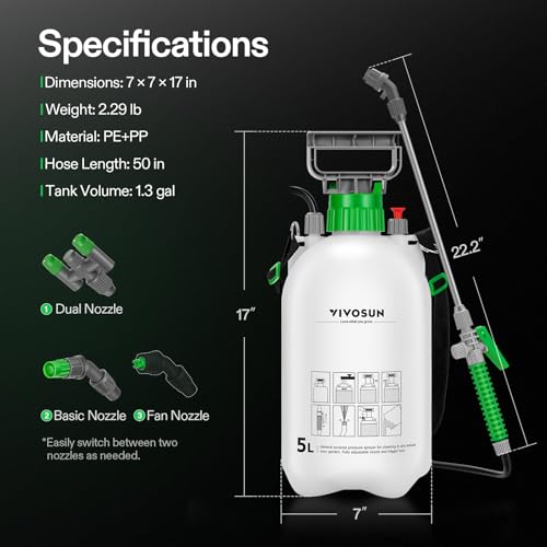VIVOSUN 1.35 Gal/5L Pump Sprayer, Garden Water Sprayer for Plants, Weeds & Lawn Care, with 3 Nozzles, 50'' Long Hose & Pressure Relief Valve - size: 1.35 gal