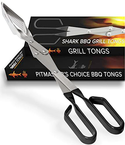 Tongs for Steaks, 2-Pack 17" & 13" Professional Kitchen and Outdoor Grilling Utensil Set, by Shark BBQ Grill Tongs -(Black) - color: Black 2X Steak Tongs