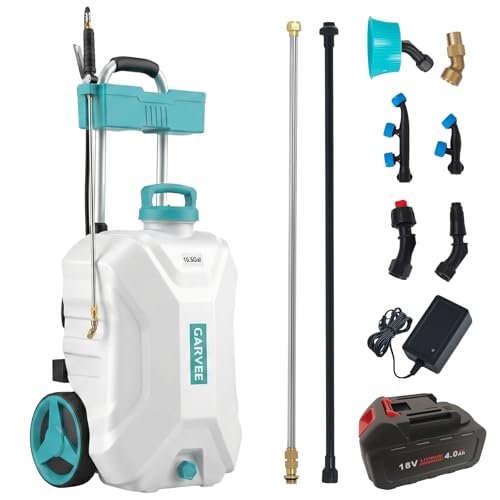 Garvee 10.5 Gallons Battery Powered Sprayer with Wheeled Cart, 18V 4Ah Electric Sprayer with 6 Nozzles & 2 Wands, 4-6 Hour Runtime, 80PSI Adjustable Pressure, Trigger Lock, Yard Sprayers for Lawn - size: 10.5 Gal