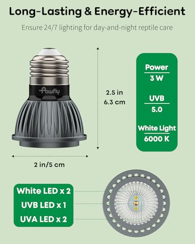 Pawfly UVB Light for Reptiles, 3 W 5.0 UVB Bulb, Tropical Reptile UVA UVB Lamp for Calcium & Vitamin D3 Synthesis, High Intensity LED Lamp for Turtle, Lizard & Red-Footed Tortoise - size: 3 W 5.0 UVB