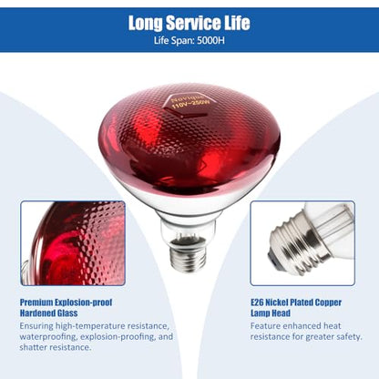 250W Heat Lamp Bulbs 1 Pack Infrared Heat Lamp for Chickens with E26 Socket and 5000 Hours Lifespan Heat Light Bulb for Pets Chicks Reptile Food Service Brooder Coop - size: 1 Pack